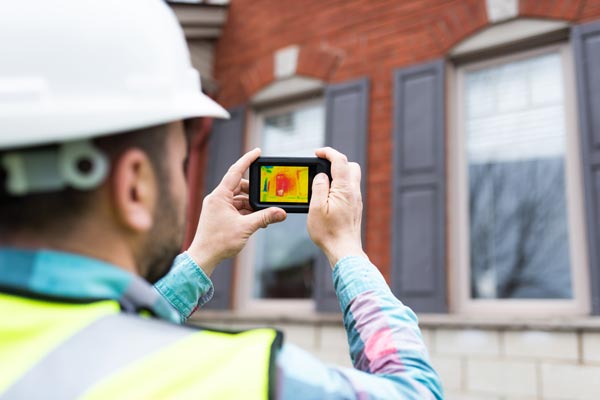 A Utah construction worker testing the energy efficiency of a home